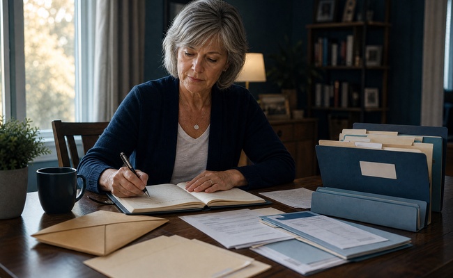Woman organizing collection messages, scam warning notes, and account documents in labeled folders
