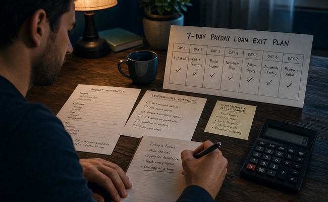 Person arranging a seven day payday loan exit plan with checkboxes, dates, bills, and a calculator