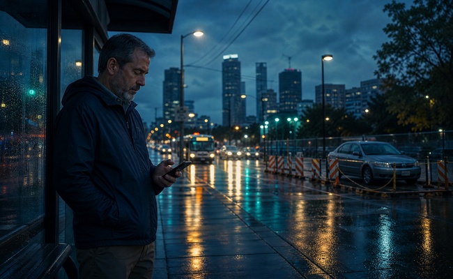 A worker reviews a commute map and household budget while considering how losing a vehicle could affect work and essential appointments.