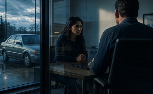 A borrower highlights default, repossession, sale, and deficiency terms in a car title loan agreement.