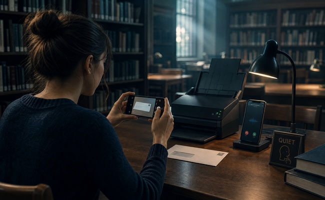 Hands scanning a collection letter, envelope, and account records beside a labeled folder
