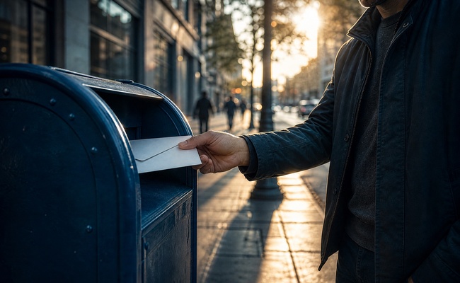 Person preparing certified mail and recording collection communications in a dated log