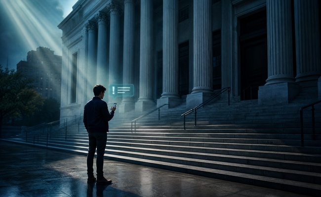 Young man checking a collection notification outside a courthouse before confirming the legal stage