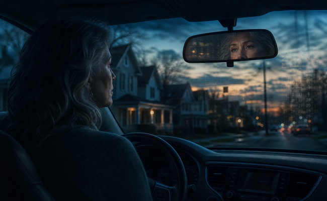 Older woman considering the age of a debt while looking through a parked car rearview mirror