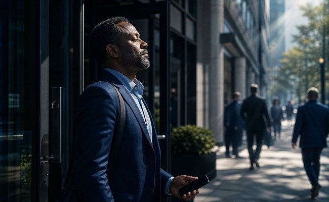 Man stepping outside a workplace after ending an aggressive collection call