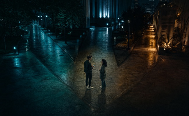 Two roommates considering three response paths in a city plaza