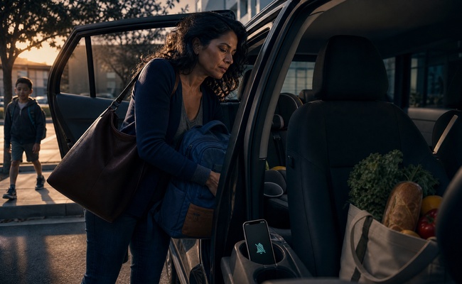 Parent loading groceries and a child’s backpack while protecting essential household priorities