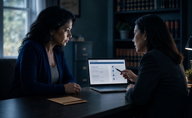 Woman reviewing a court portal with an attorney in a quiet legal aid office