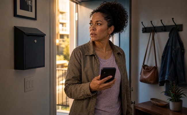 woman receives threatening voicemail and watching for postal delivery person
