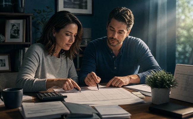 Household partners checking a debt to income formula on a worksheet with monthly bills nearby