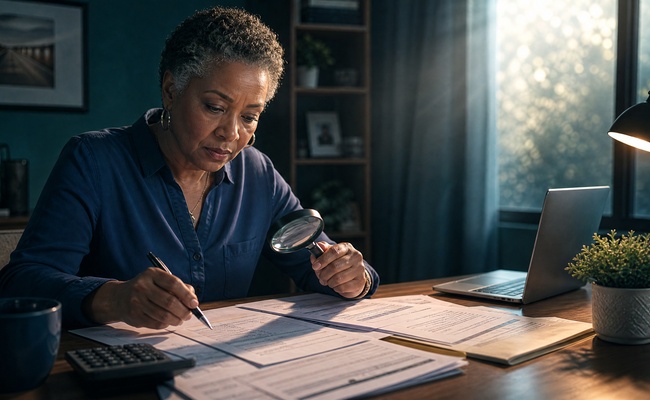 Consumer checking monthly debt payments against account statements and a reliable income record