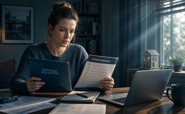 Borrower reviewing lender debt to income requirements beside a mortgage application folder