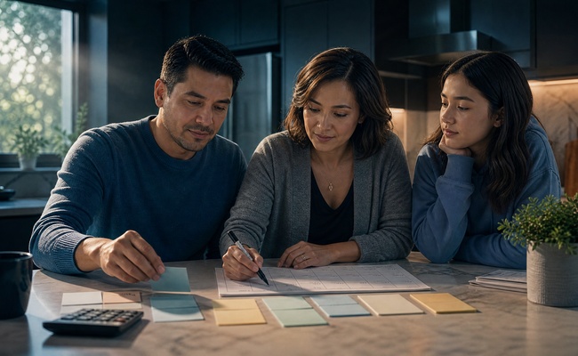Family building a practical debt to income improvement plan with payment cards and a calendar