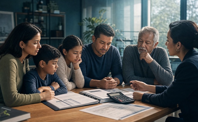 Family reviewing a debt budget with a professional counselor at an organized office table