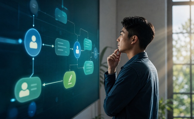 A man reviews a creditor assistance process on a digital wall display before making a payment request