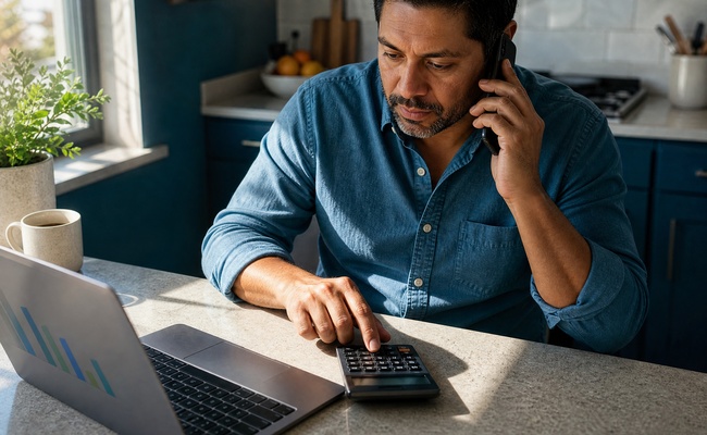 A man checks his household budget on a laptop before calling a creditor about reduced income