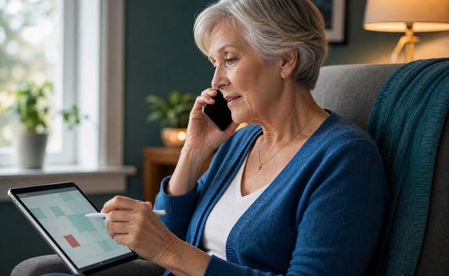 An older woman records a creditor review date during a calm phone conversation at home