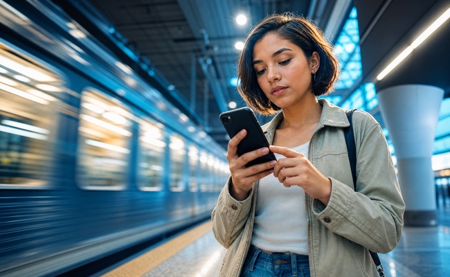 A woman organizes creditor call records on her phone while traveling through a bright transit station