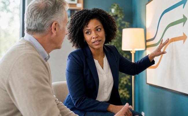 A community counselor helps a man choose a sustainable next step after a creditor request
