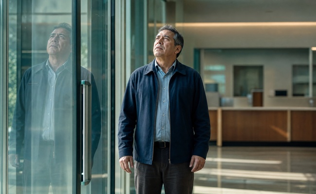 A man stands in a bright credit union entry as he realizes a judgment can reach his bank account and wages.