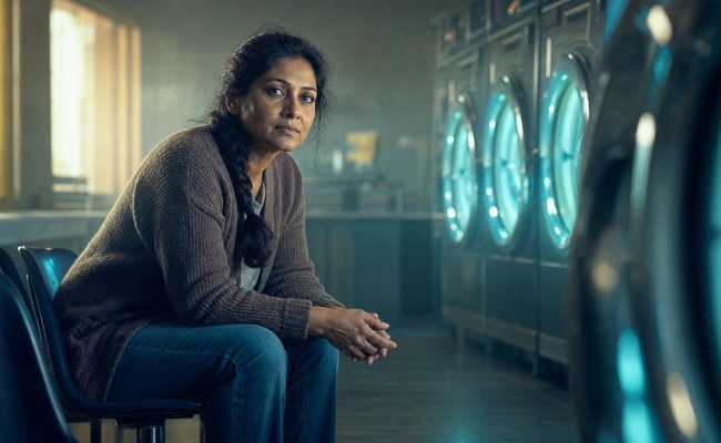A woman waits in a neighborhood laundromat and considers her options with steady, thoughtful resolve.