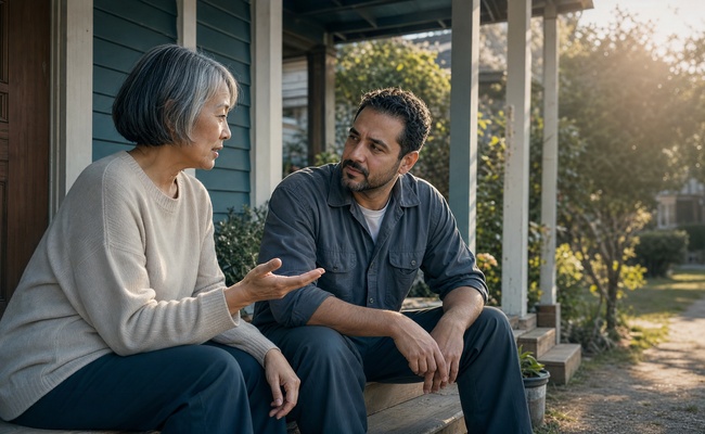 Two household members talk honestly on front porch steps while preparing what they can realistically afford.