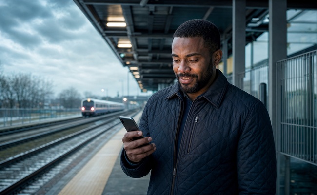 A man reads a written payment confirmation on his phone while waiting on a commuter rail platform.