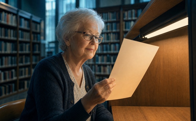 An older woman checks a single court record page under a library carrel lamp to confirm the judgment status.