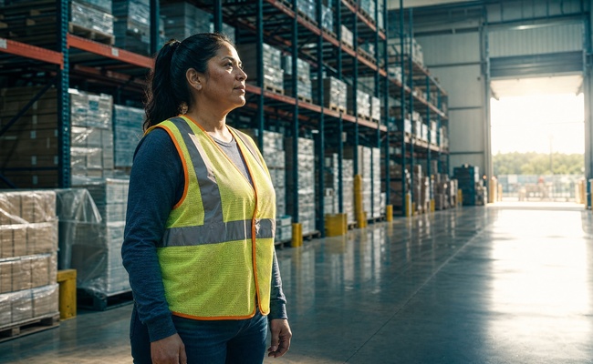 A warehouse worker stands on the floor mid shift with quiet composure after protecting her earnings.