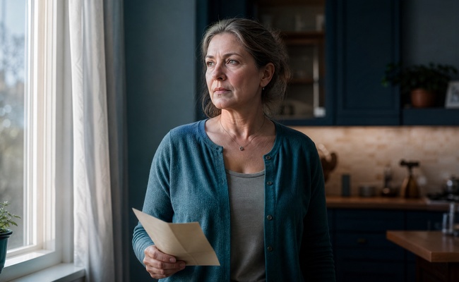 A woman in her late fifties holds a folded court notice near a bright window with quiet apprehension.