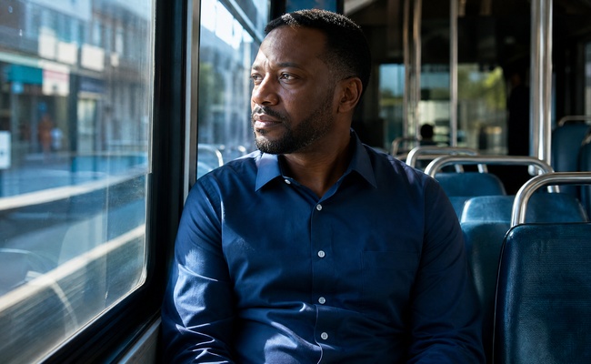 A man rides a city bus toward his court date, choosing to appear rather than stay home.