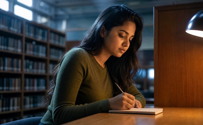 A young woman copies her docket number and hearing details into a notebook at a library study carrel.