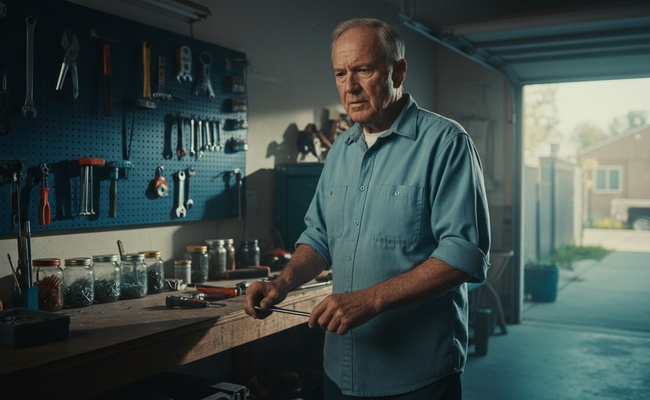 An older man pauses at his garage workbench while considering whether the claimed debt is truly his.
