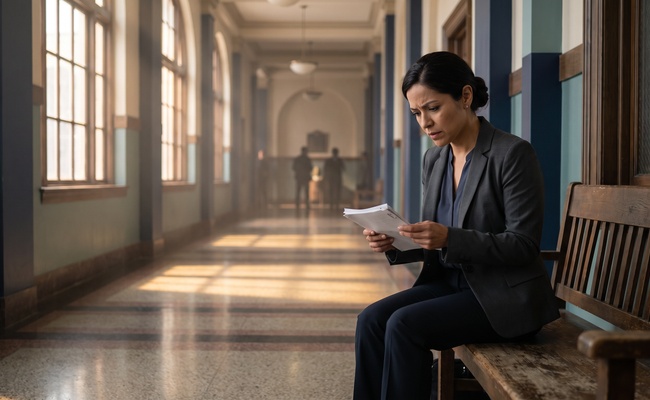 A woman reviews the plaintiff's document package on a courthouse corridor bench before her case is called.