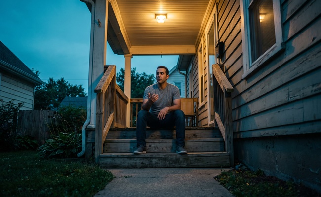 A man practices his short statement aloud on his front porch steps the evening before court.