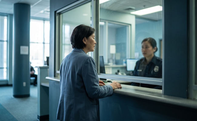 A woman checks in at the civil clerk's window so the court knows she is present and ready.