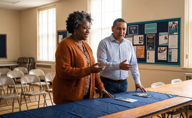 A volunteer attorney answers questions at a community center help table where free legal guidance is offered.