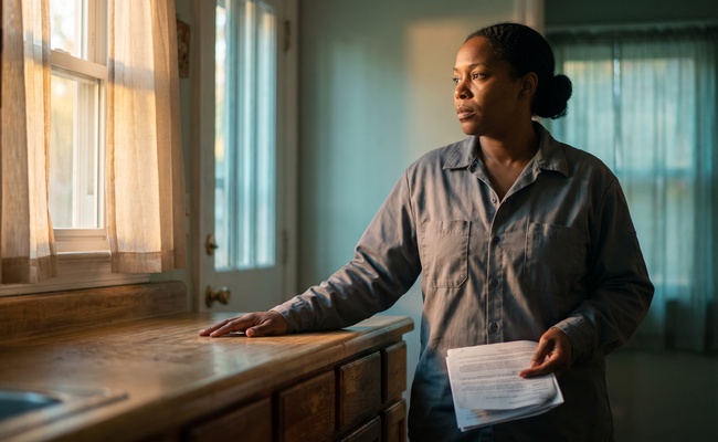 Woman in a work shirt standing still at her kitchen counter after opening a legal envelope in late afternoon light.