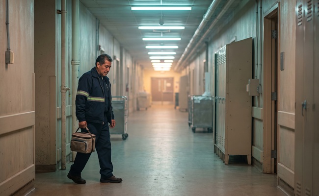 Maintenance worker walking a hospital service corridor at shift change carrying a lunch cooler.