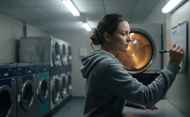 Young woman marking a deadline date on a wall calendar in an apartment laundry room.