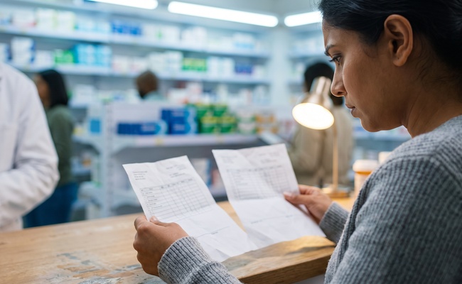Woman at a pharmacy counter comparing two printed billing sheets side by side and noticing a discrepancy.