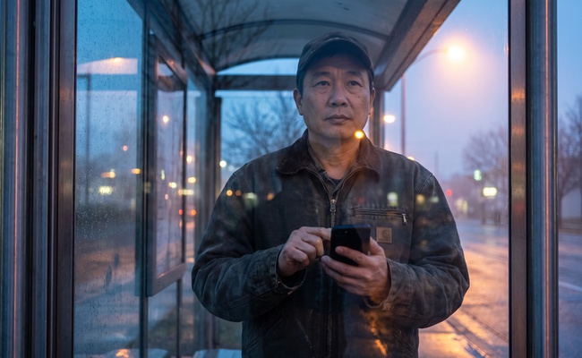Man at a bus shelter at dawn holding his phone with his thumb hovering, choosing not to answer.