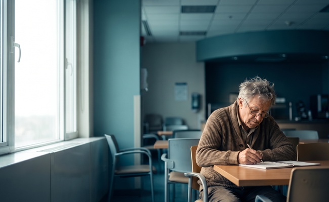 Older man writing a records request by hand in a notebook beside a large cafeteria window.