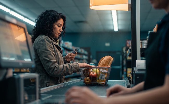 A woman pauses at a grocery checkout lane holding her debit card before paying for a basket of staples.