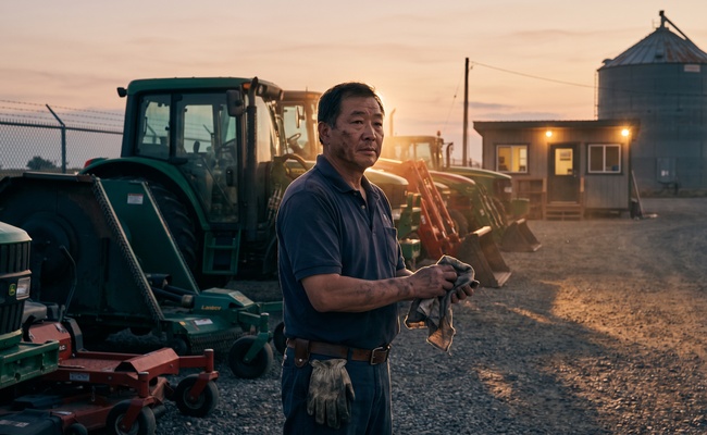 A man wipes his hands after an extra weekend shift in a farm equipment yard at sunset.