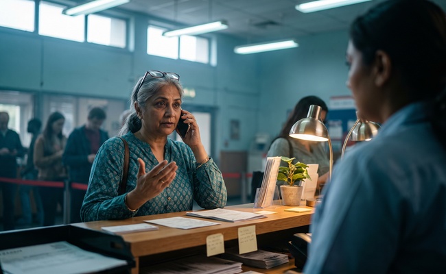 An older woman makes a phone call at a service counter to ask about moving a bill due date.