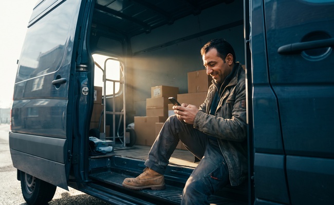 A delivery driver sets up an automatic savings transfer on his phone during a break in his van.