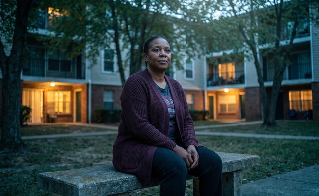 A woman sits on a courtyard bench at dusk with a settled expression after deciding how to handle her money.