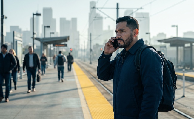 A man on a light rail platform takes an unexpected collection call during his morning commute.