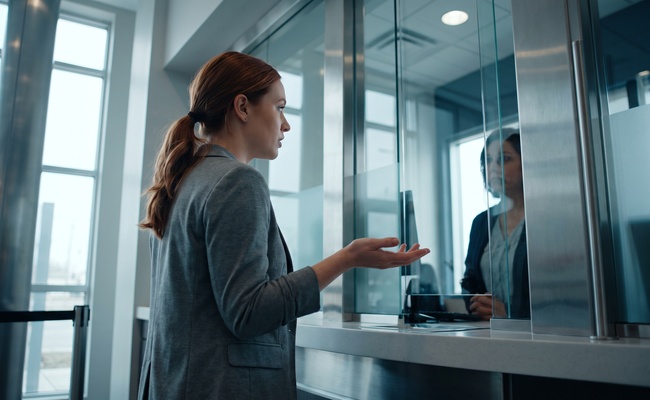 A woman at a credit union counter asks a teller to help her confirm who actually holds an account.